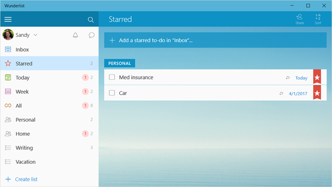 Wunderlist Windowsi rakendus