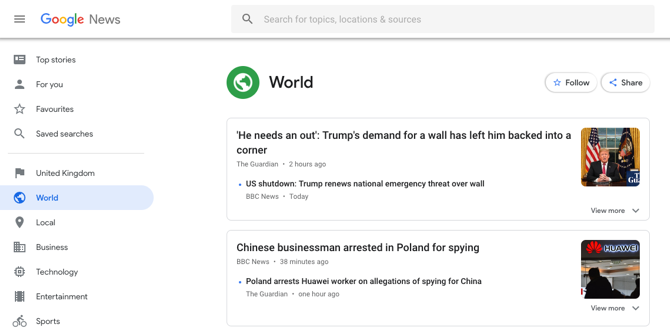 Google'i uudiste ekraanipilt