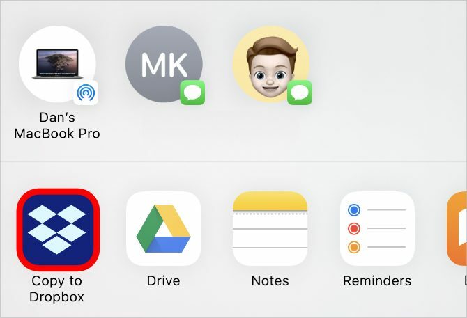 Kopeeri nupp Dropbox iPhone'i jagamislehel