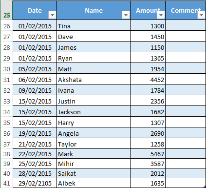 Excel DateAmount tabel