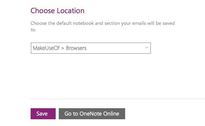 Valige üksus OneNote Save Location