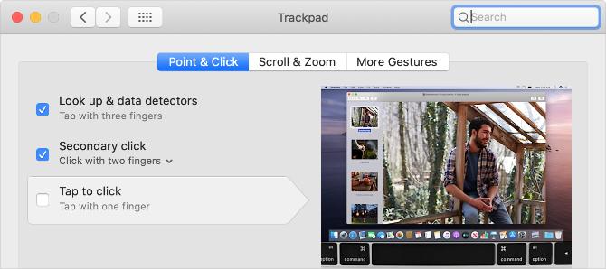 Puudutage klõpsamise nuppu suvandis Trackpad System Preferences