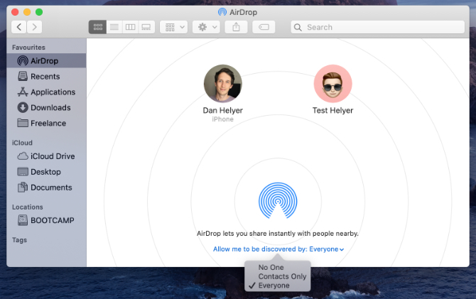 AirDrop Finderis Macis nähtavuse valikuga Igaüks