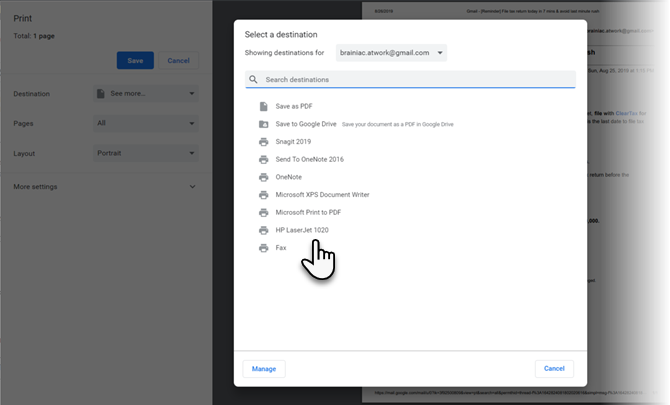 Gmaili printimise dialoog