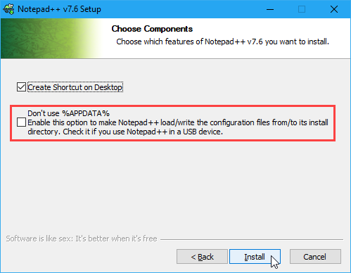 Valige Notepad ++ installimisel ruut Ära kasuta% APPDATA%