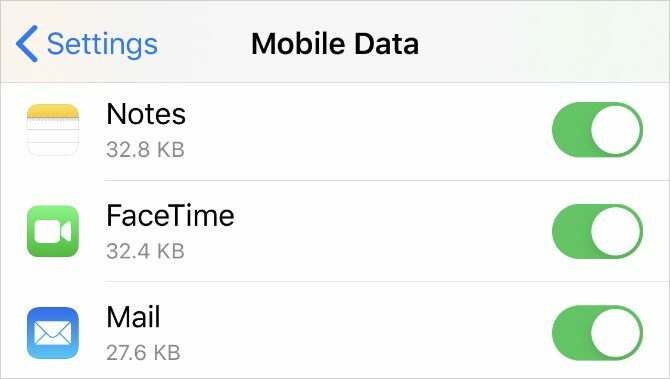 FaceTime'i valik mobiilside andmete seadetes