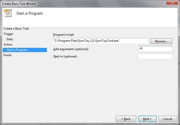 SyncToy: Microsofti lihtne varundamis- ja sünkroonimislahendus [Windows] Ülesannete ajakava Loo põhiülesanne Toiming Käivita programm Kausta leidmine