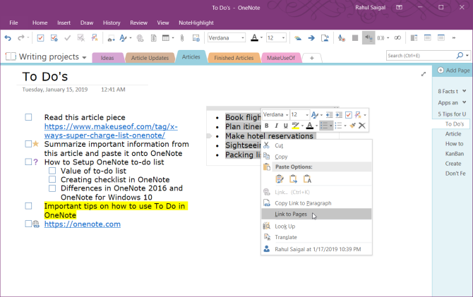 link OneNote 2016 lehtedele