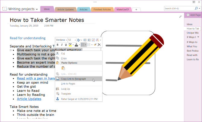 kopeerige link OneNote'i lõiku