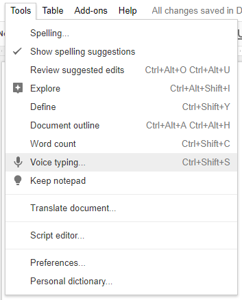 Google Doci häälkirjutamine: salajane relv produktiivsuse tagamiseks google docs häälkirjutusmenüü